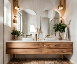 Bathroom with natural wood elements and rounded mirrors.Double Vanity 